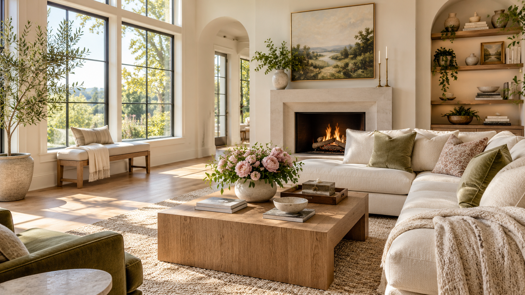 A bright, carefully cleaned living room with warm wood floors and garden views
