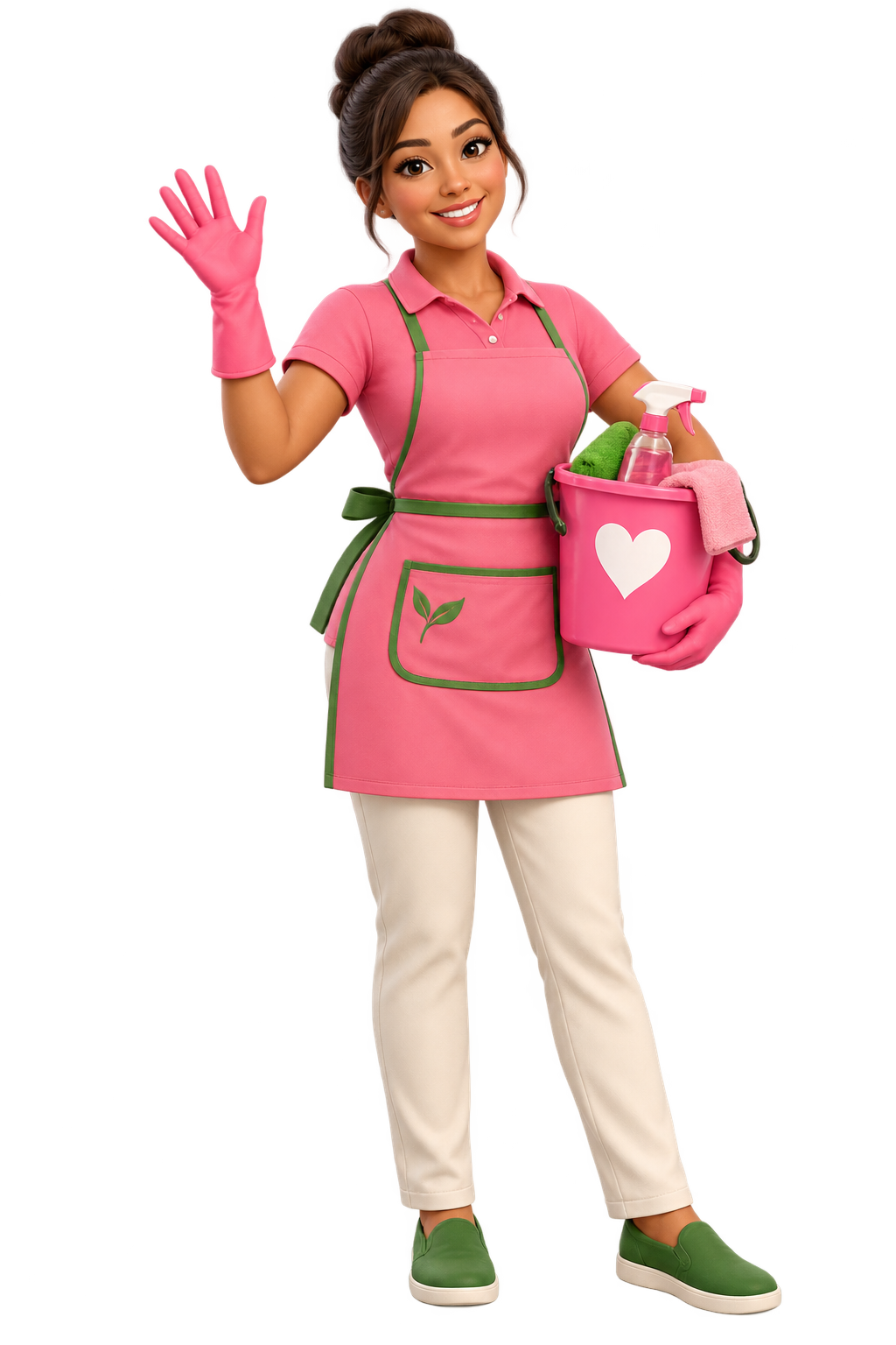 Friendly cleaning professional in pink and green, carrying a bucket with a heart